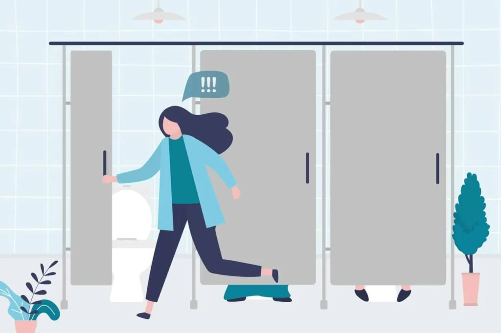 graphic of Urine incontinence Wellingborough woman running to the toilet.